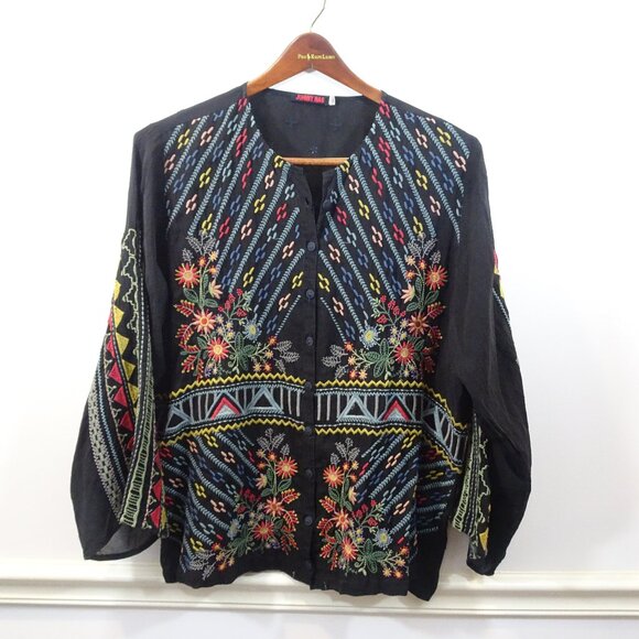Johnny Was Ezra Blouse Black Embroidered Flowers Button Front NO Drawstring L - Picture 1 of 10